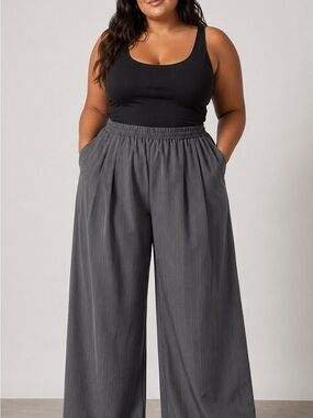 Cider Plus Size Wide-Leg Pinstripe Pull-On Pants in Charcoal Gray with pockets